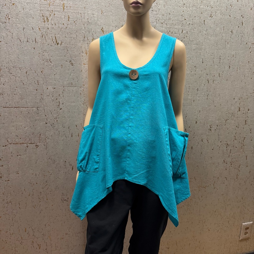 For Cynthia Blue Asymmetrical Oversized Tunic Tank Top Turquoise - Picture 1 of 11